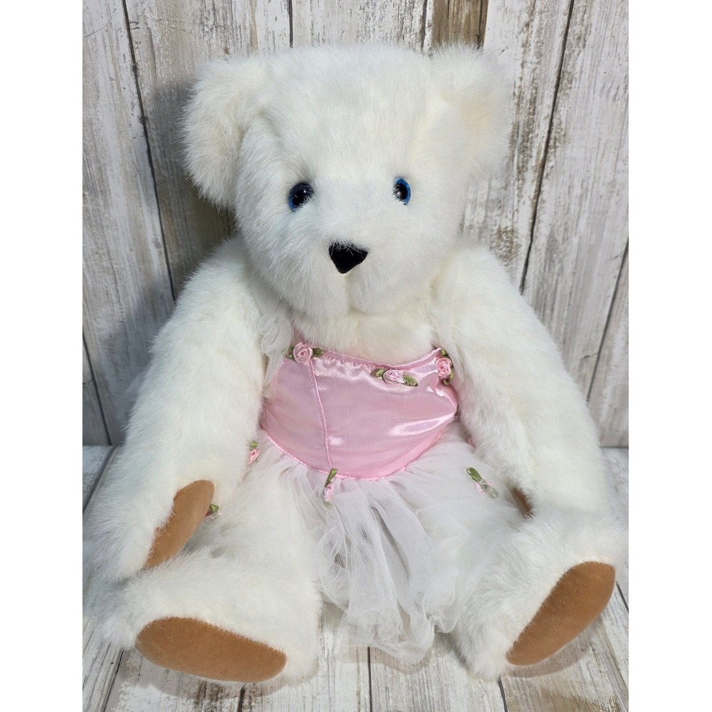 Vermont Teddy Bear White Ballerina Plush Pink Tutu Blue Eyes Jointed 15 inch